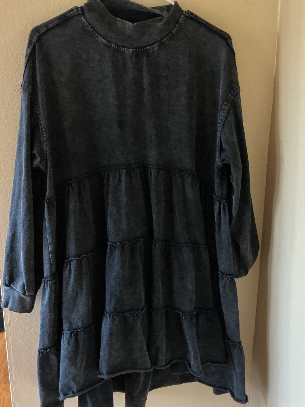 Washed Black Long-Sleeve Tiered Dress
